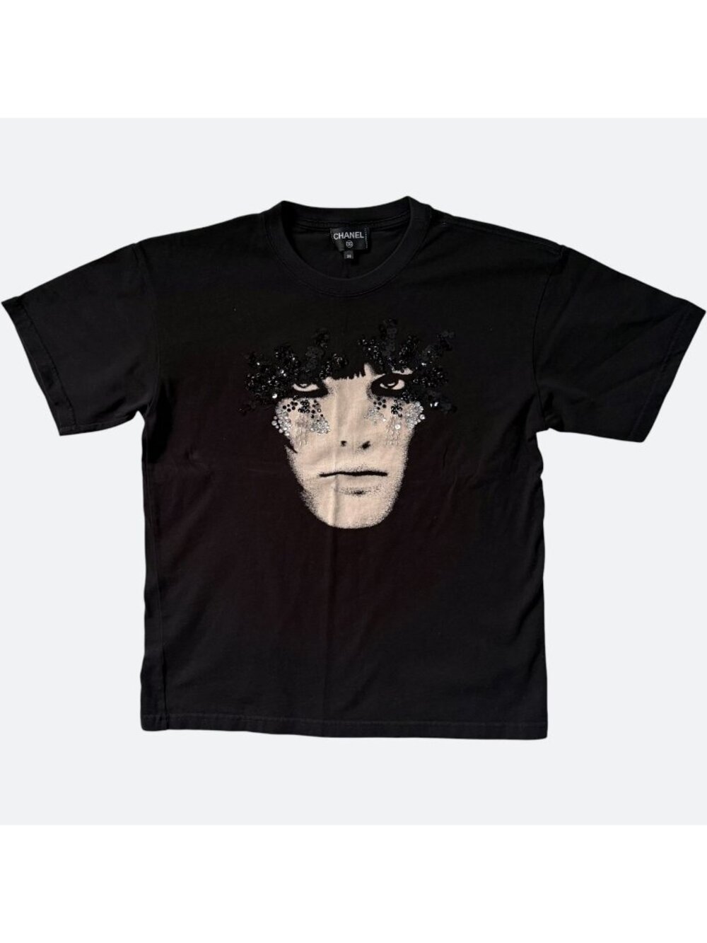 Chanel Sequin Graphic Face T-Shirt Black Women's 40 Short-Sleeve Designer Tee